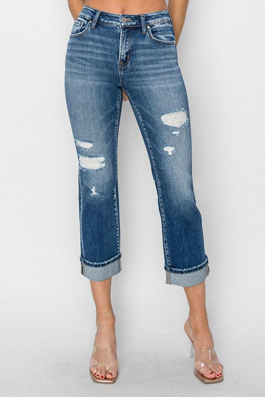RISEN Full Size Cuffed Ankle Distressed Straight Jeans - Clothes For Her Online Store