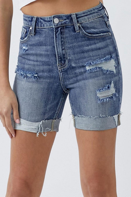 RISEN Full Size Distressed Rolled Denim Shorts with Pockets - Clothes For Her Online Store