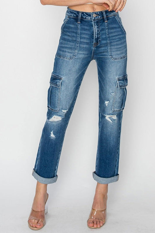 RISEN Full Size High Rise Cargo Ankle Roll Up Straight Jeans - Clothes For Her Online Store