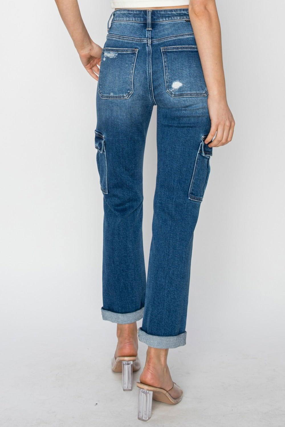 RISEN Full Size High Rise Cargo Ankle Roll Up Straight Jeans - Clothes For Her Online Store