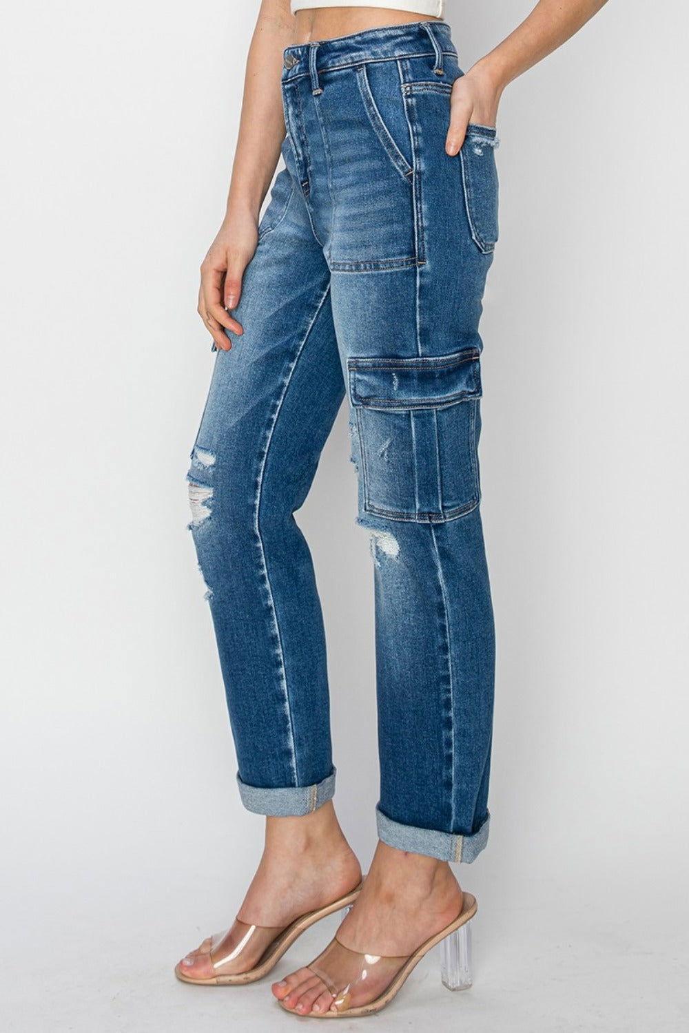 RISEN Full Size High Rise Cargo Ankle Roll Up Straight Jeans - Clothes For Her Online Store