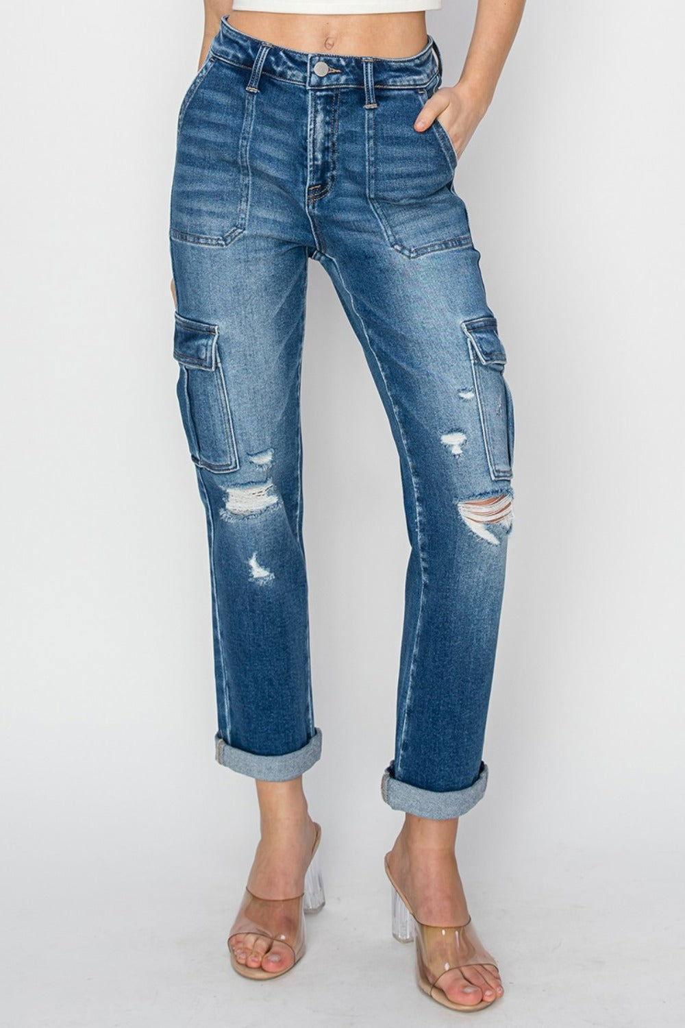 RISEN Full Size High Rise Cargo Ankle Roll Up Straight Jeans - Clothes For Her Online Store
