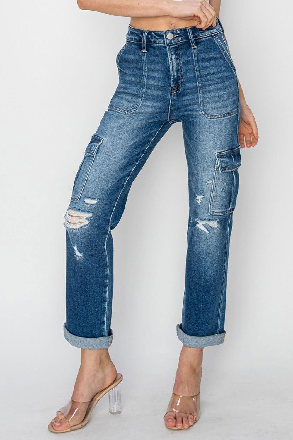 RISEN Full Size High Rise Cargo Ankle Roll Up Straight Jeans - Clothes For Her Online Store