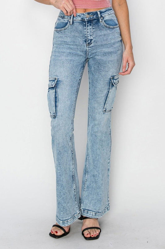 RISEN Full Size High Rise Cargo Flare Jeans - Clothes For Her Online Store