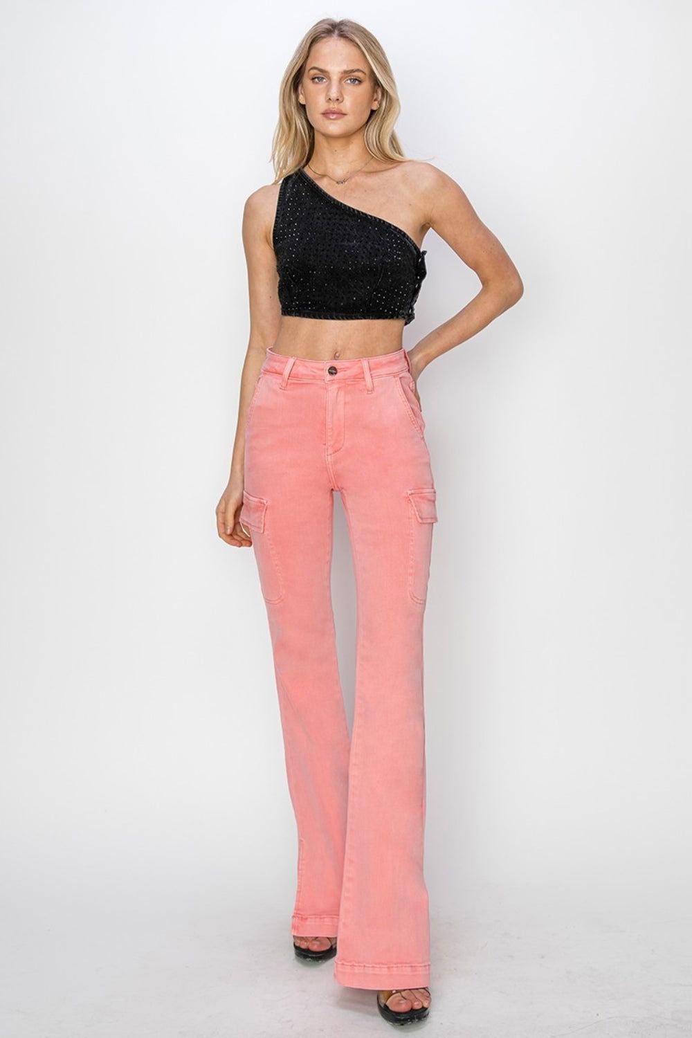 RISEN Full Size High Rise Side Slit Cargo Bootcut Jeans - Clothes For Her Online Store