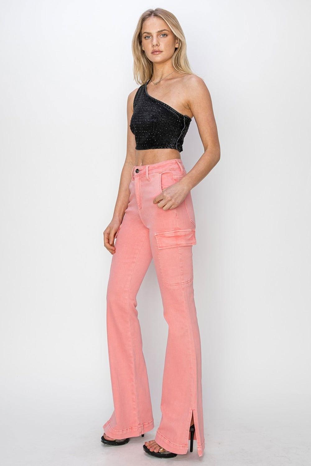 RISEN Full Size High Rise Side Slit Cargo Bootcut Jeans - Clothes For Her Online Store