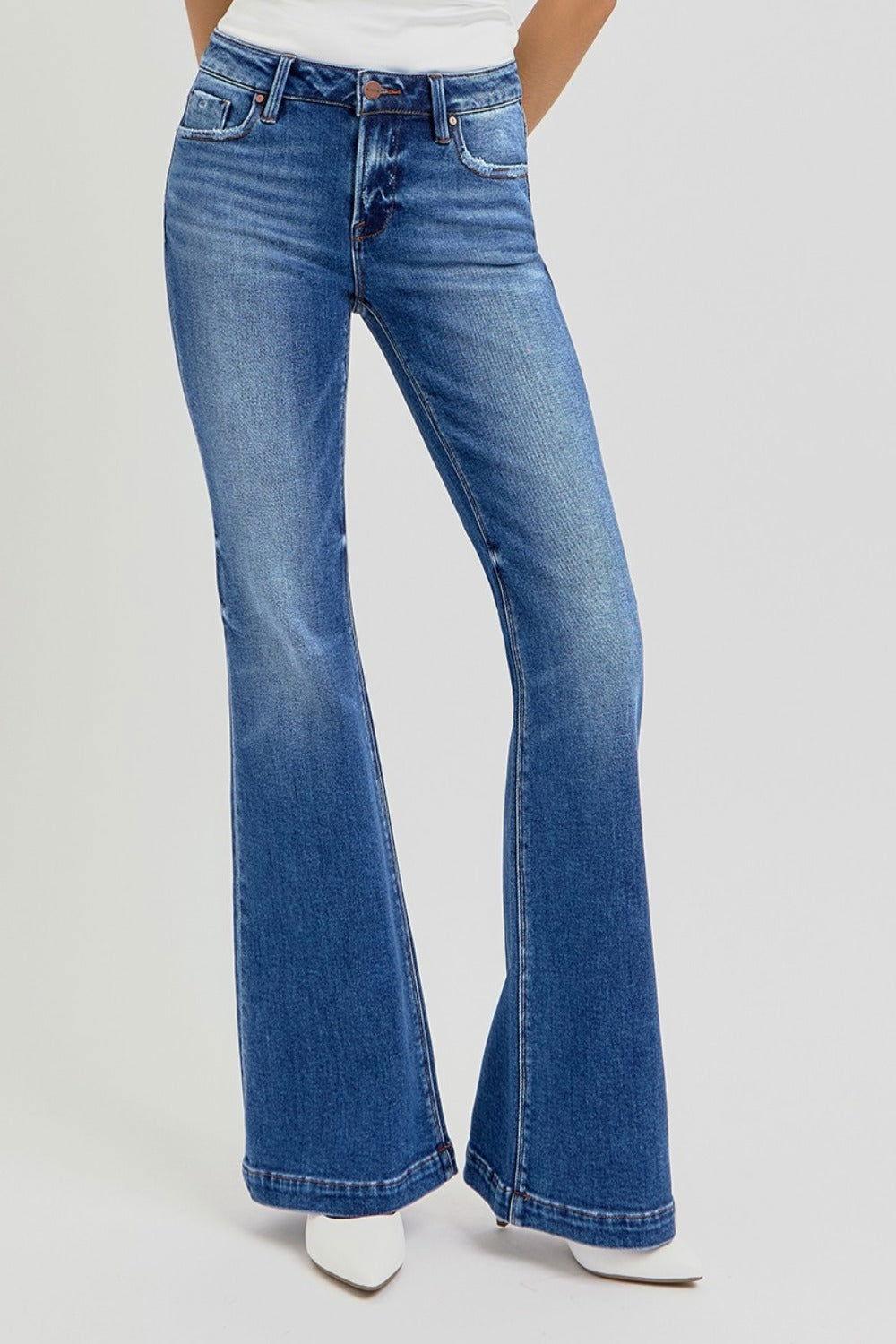 RISEN Full Size Low Rise Flare Jeans with Pockets - Clothes For Her Online Store