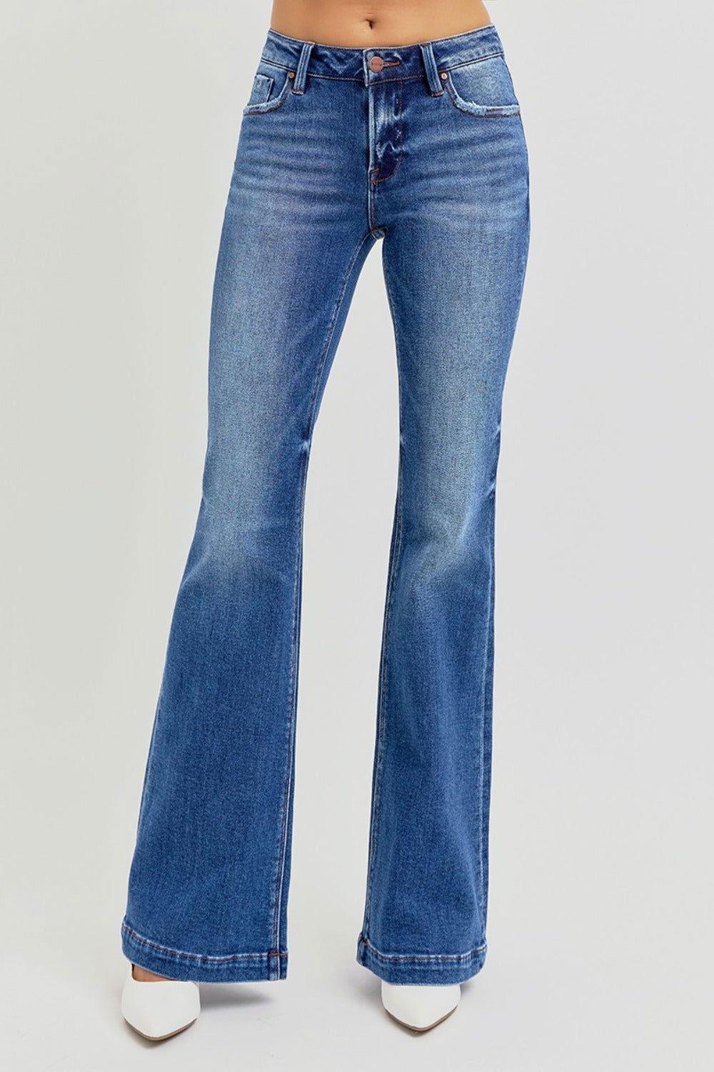 RISEN Full Size Low Rise Flare Jeans with Pockets - Clothes For Her Online Store