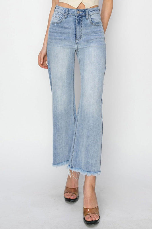 RISEN High Rise Crop Wide Fray Hem Jeans - Clothes For Her Online Store