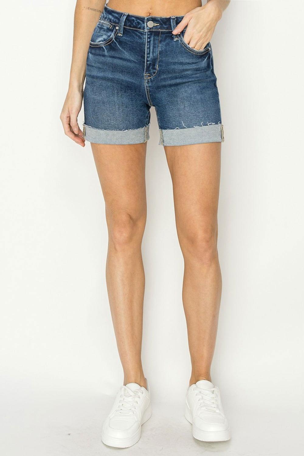 RISEN High Rise Cuffed Denim Shorts - Clothes For Her Online Store