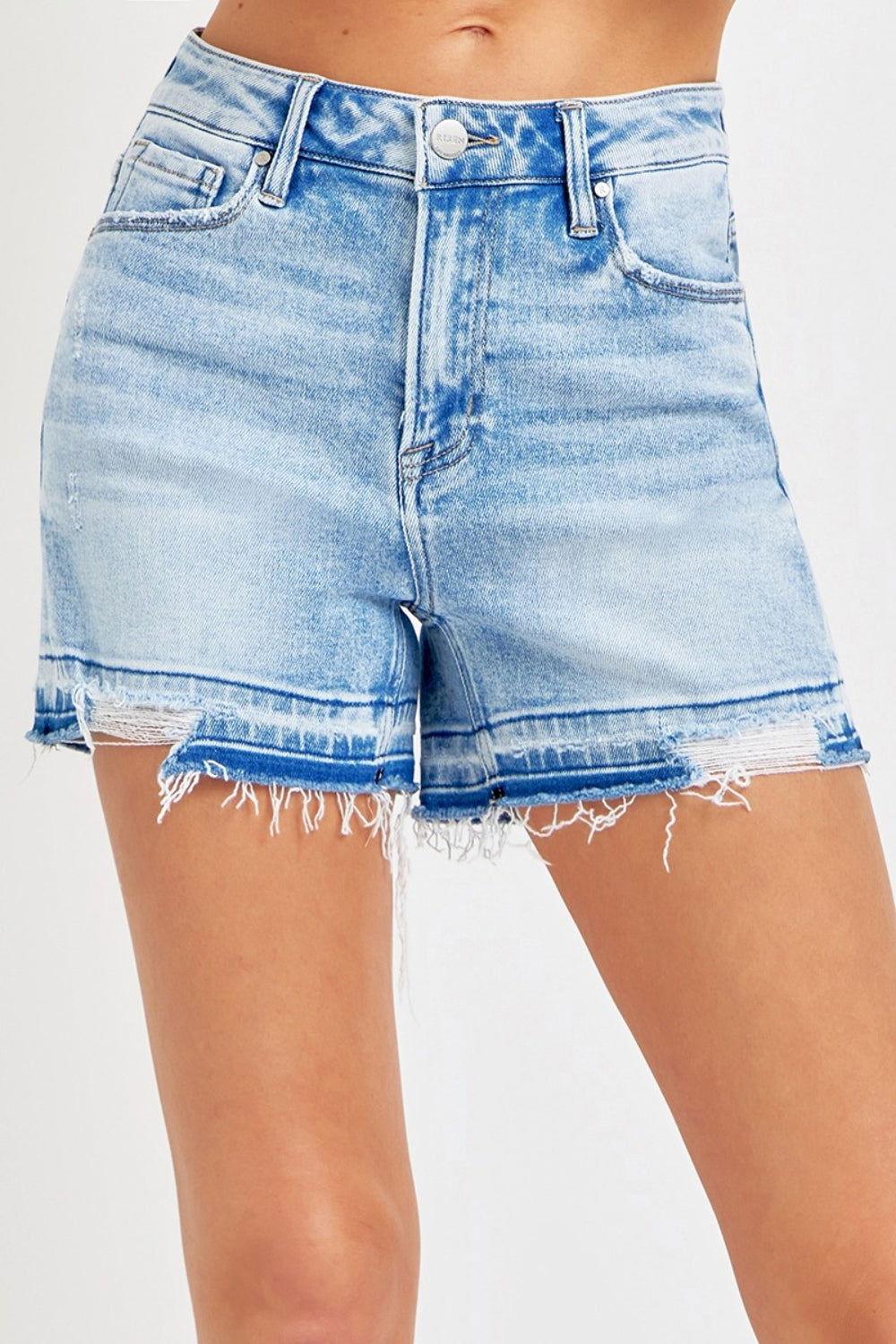 RISEN High Rise Distressed Hem Denim Shorts - Clothes For Her Online Store