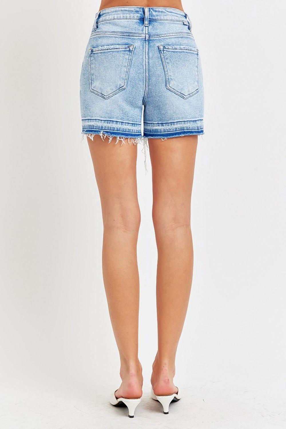 RISEN High Rise Distressed Hem Denim Shorts - Clothes For Her Online Store