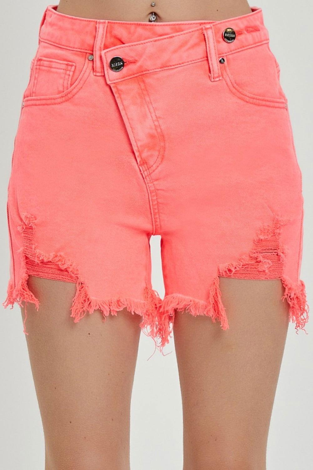 RISEN Raw Hem Asymmetrical Waist Denim Shorts - Clothes For Her Online Store