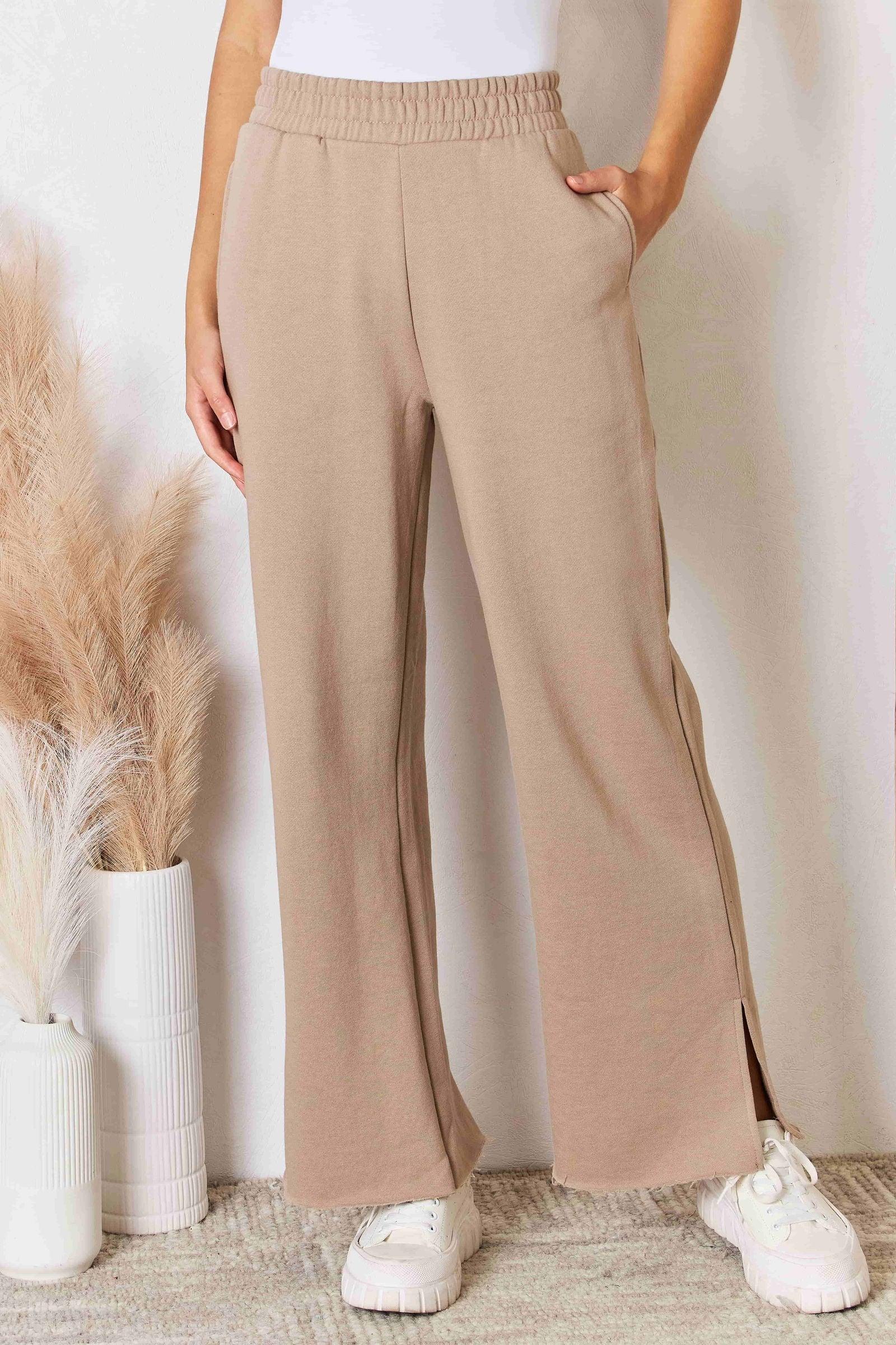 RISEN Wide Waistband Slit Wide Leg Pants - Clothes For Her Online Store
