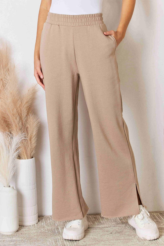 RISEN Wide Waistband Slit Wide Leg Pants - Clothes For Her Online Store