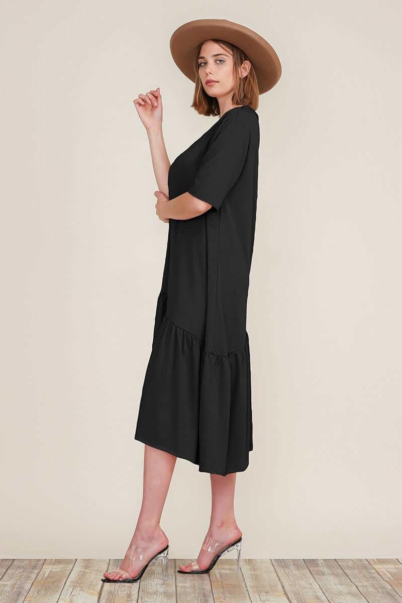 Boat Neck Short Sleeve Asymmetric Ruffle Tiered Hem Casual Loose Dress