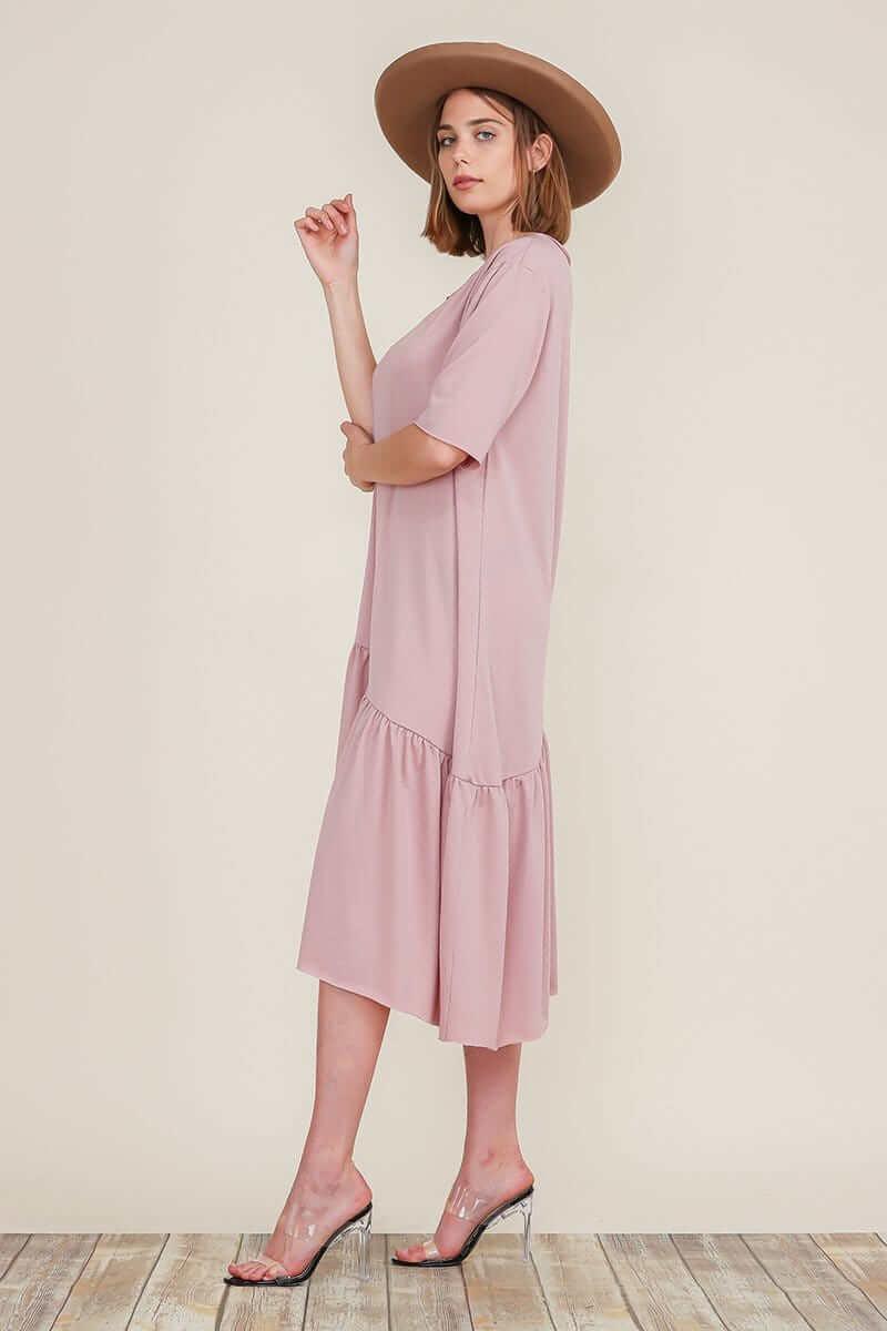 Boat Neck Short Sleeve Asymmetric Ruffle Tiered Hem Casual Loose Dress