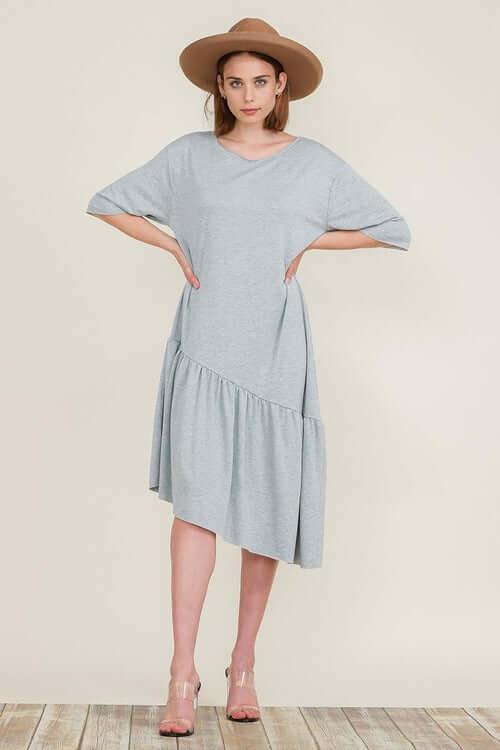 Boat Neck Short Sleeve Asymmetric Ruffle Tiered Hem Casual Loose Dress