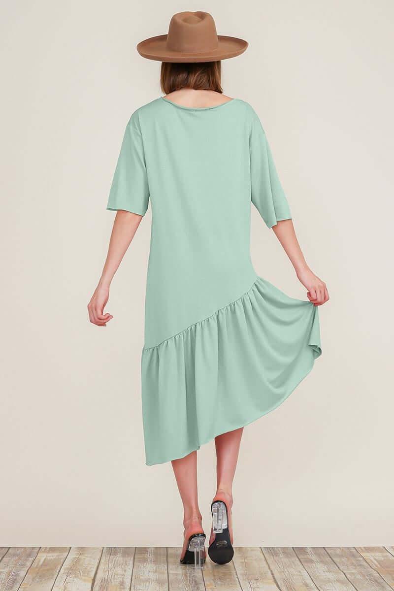 Boat Neck Short Sleeve Asymmetric Ruffle Tiered Hem Casual Loose Dress