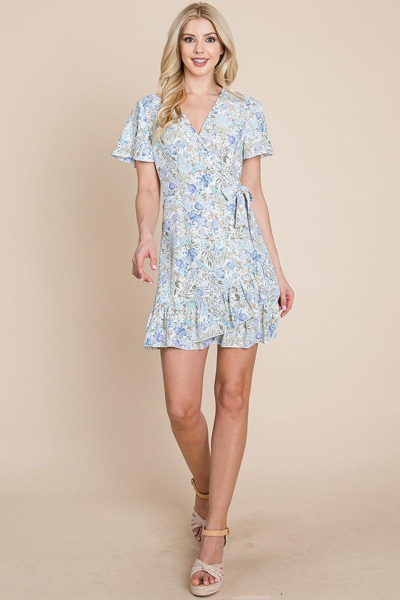 Floral Ruffled Asymmetrical Hem Wrap Dress