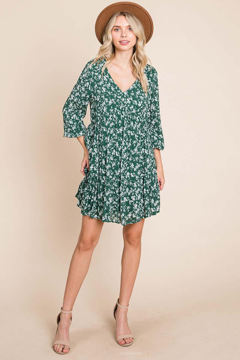 V neck Floral Printed Long Sleeve Pleated Dress