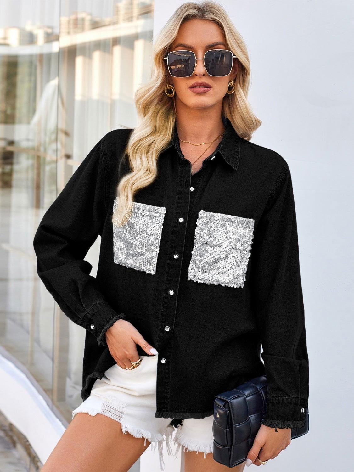 Raw Hem Button Up Long Sleeve Denim Jacket with Sequin Pockets - Clothes For Her Online Store