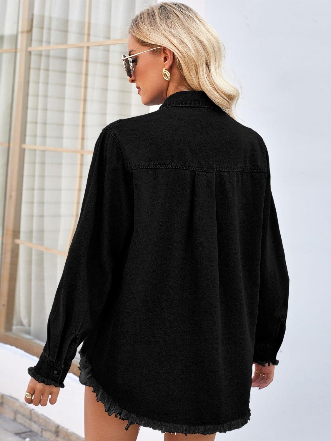 Raw Hem Button Up Long Sleeve Denim Jacket with Sequin Pockets - Clothes For Her Online Store
