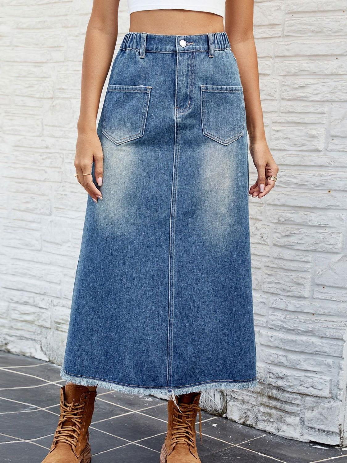 Raw Hem Buttoned Denim Skirt with Pockets - Clothes For Her Online Store