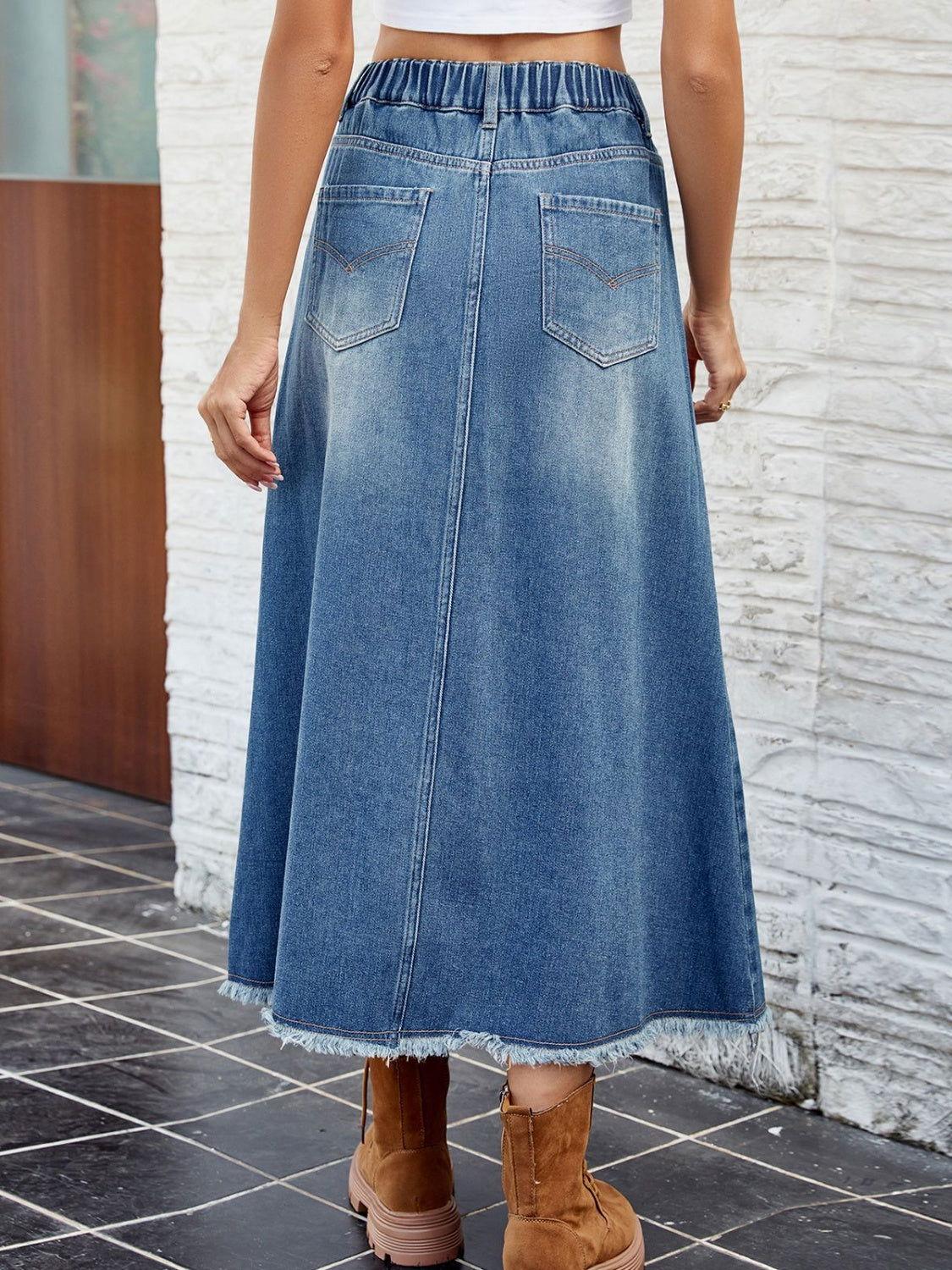 Raw Hem Buttoned Denim Skirt with Pockets - Clothes For Her Online Store