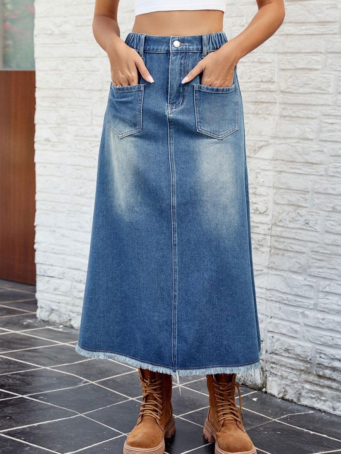 Raw Hem Buttoned Denim Skirt with Pockets - Clothes For Her Online Store