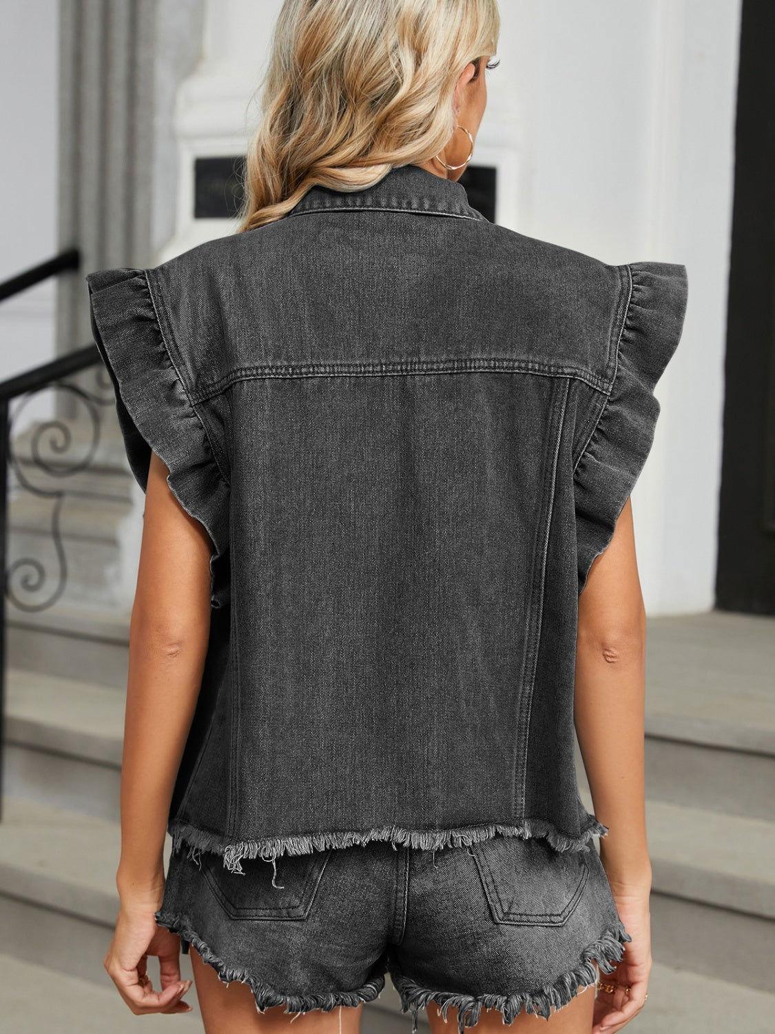 Raw Hem Cap Sleeve Denim Jacket - Clothes For Her Online Store