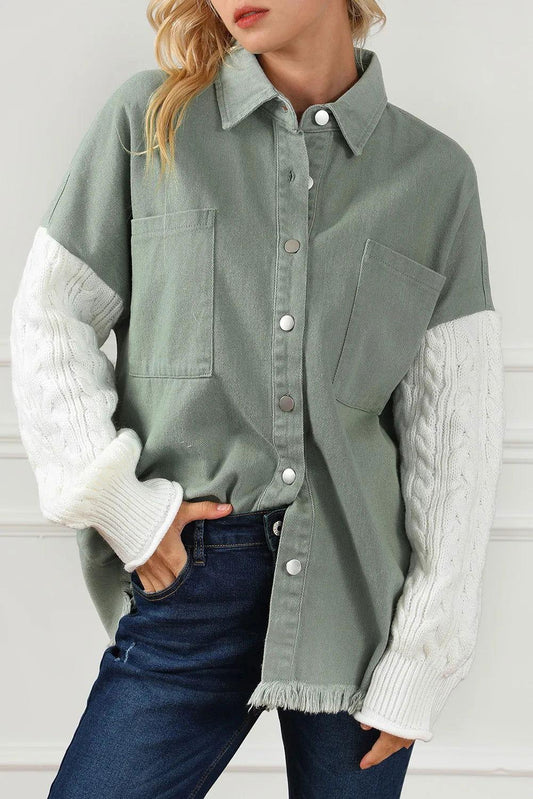 Raw Hem Collared Neck Button Up Long Sleeve Jacket - Clothes For Her Online Store