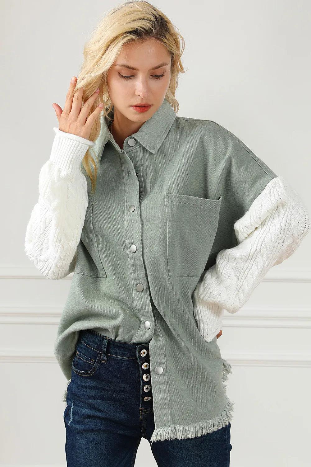 Raw Hem Collared Neck Button Up Long Sleeve Jacket - Clothes For Her Online Store