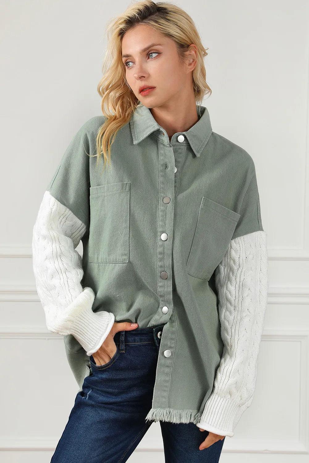 Raw Hem Collared Neck Button Up Long Sleeve Jacket - Clothes For Her Online Store