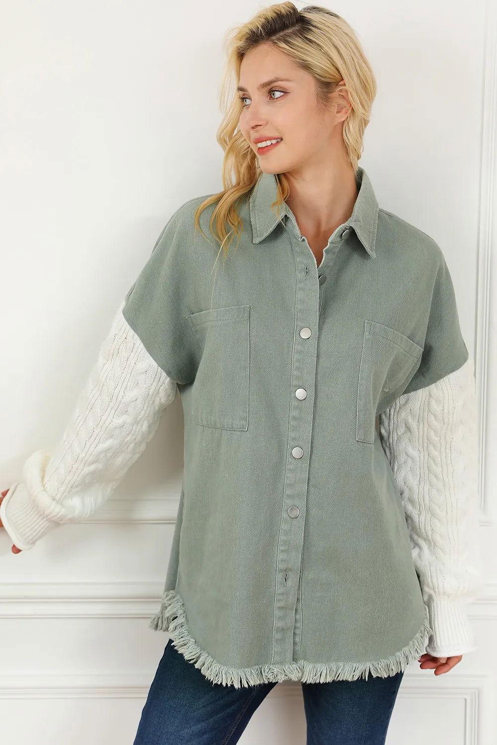 Raw Hem Collared Neck Button Up Long Sleeve Jacket - Clothes For Her Online Store