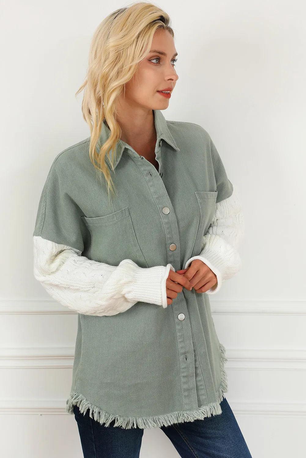 Raw Hem Collared Neck Button Up Long Sleeve Jacket - Clothes For Her Online Store
