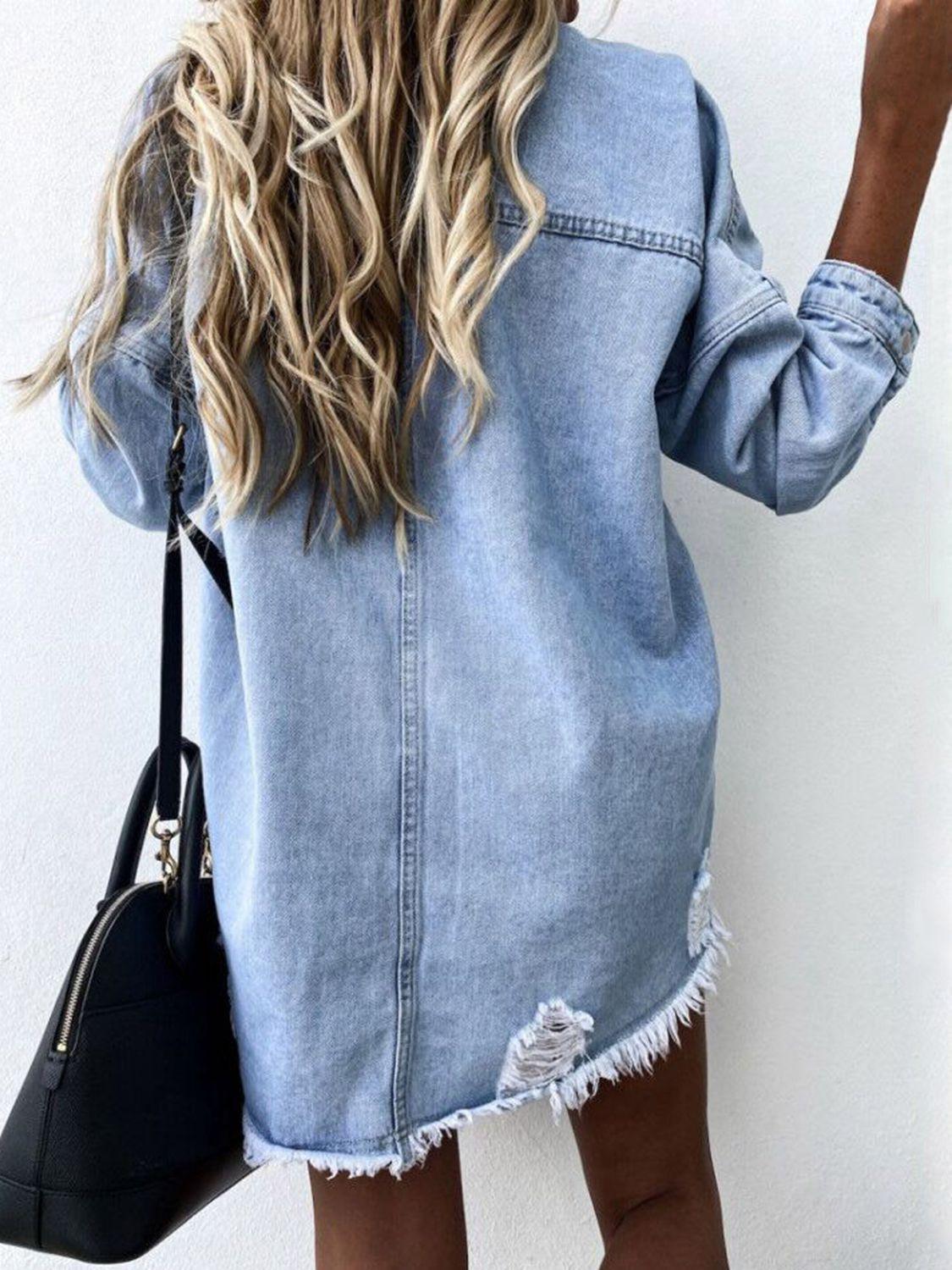 Raw Hem Collared Neck Long Sleeve Denim Jacket - Clothes For Her Online Store