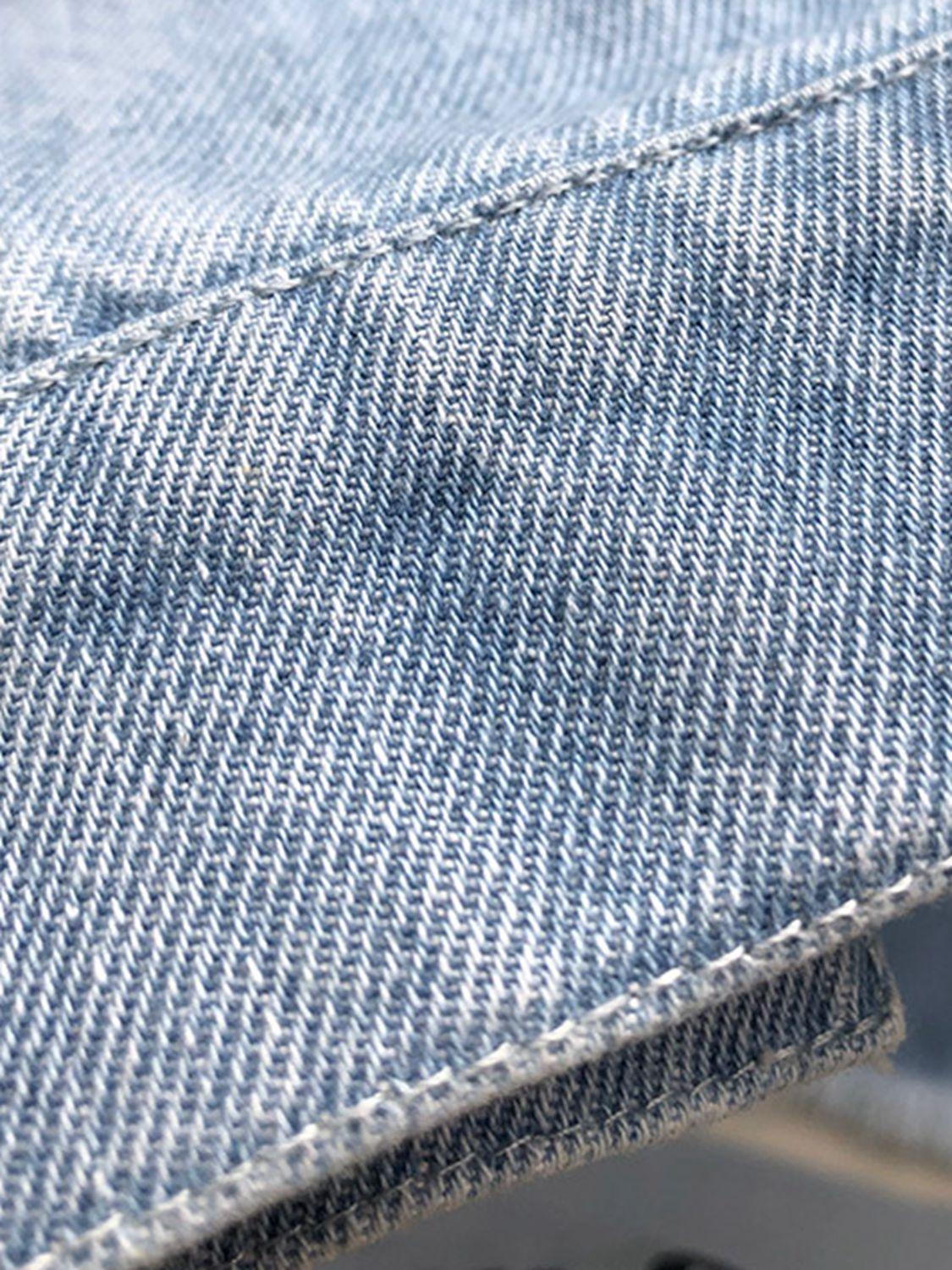 Raw Hem Collared Neck Long Sleeve Denim Jacket - Clothes For Her Online Store