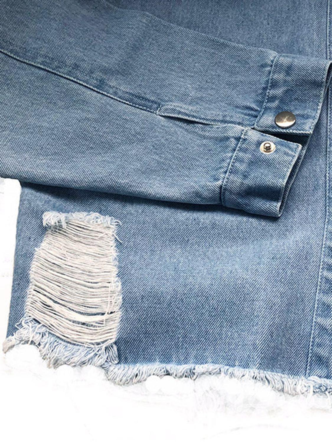 Raw Hem Collared Neck Long Sleeve Denim Jacket - Clothes For Her Online Store