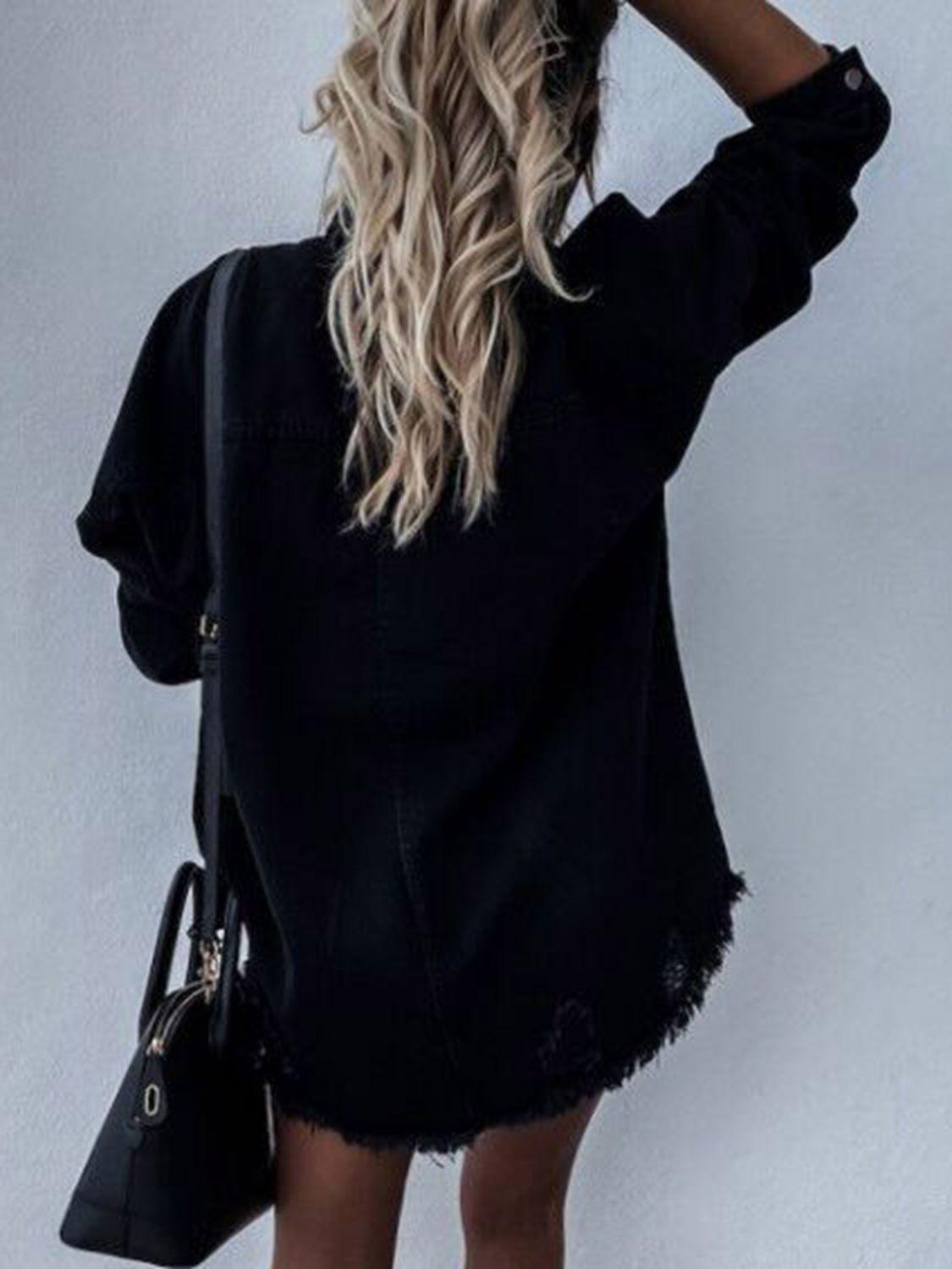 Raw Hem Collared Neck Long Sleeve Denim Jacket - Clothes For Her Online Store