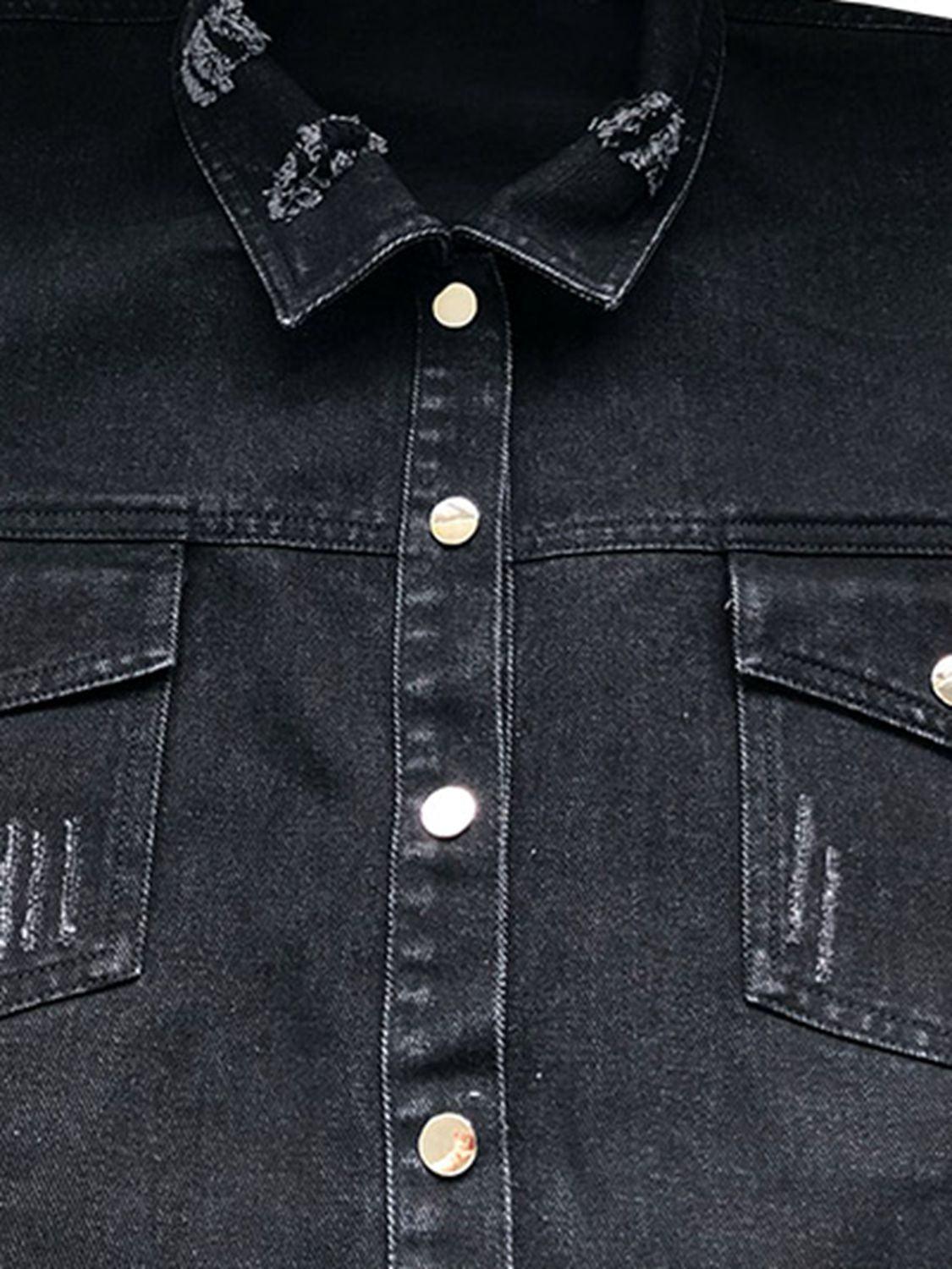 Raw Hem Collared Neck Long Sleeve Denim Jacket - Clothes For Her Online Store