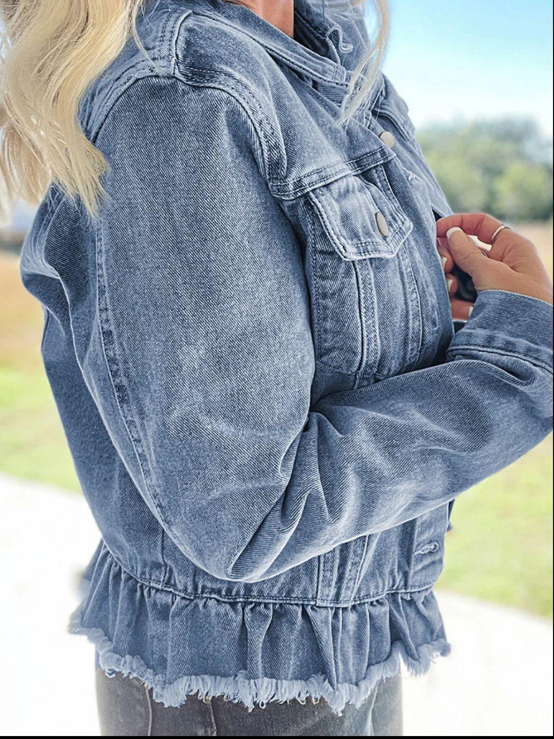 Raw Hem Long Sleeve Denim Jacket - Clothes For Her Online Store