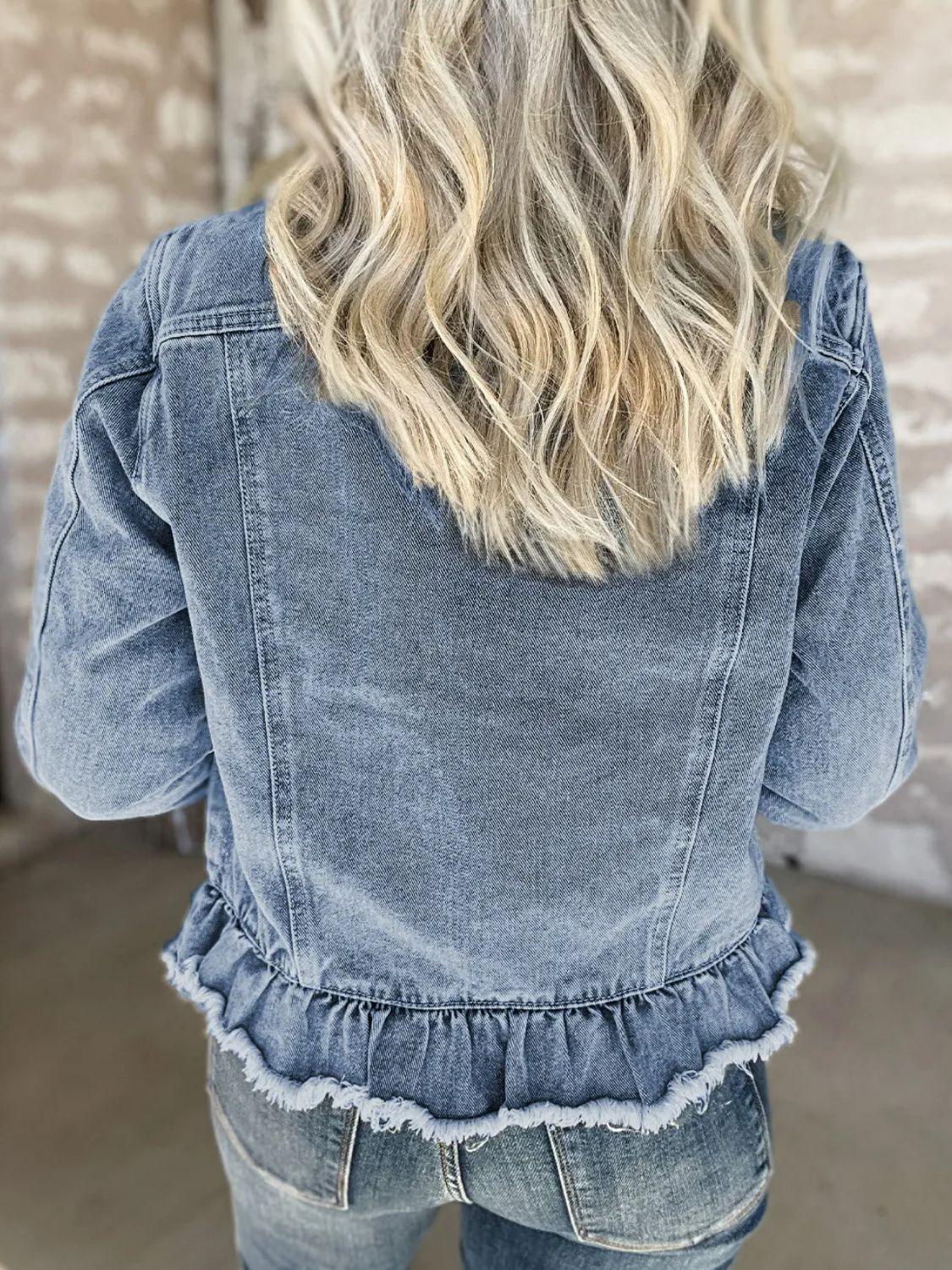 Raw Hem Long Sleeve Denim Jacket - Clothes For Her Online Store