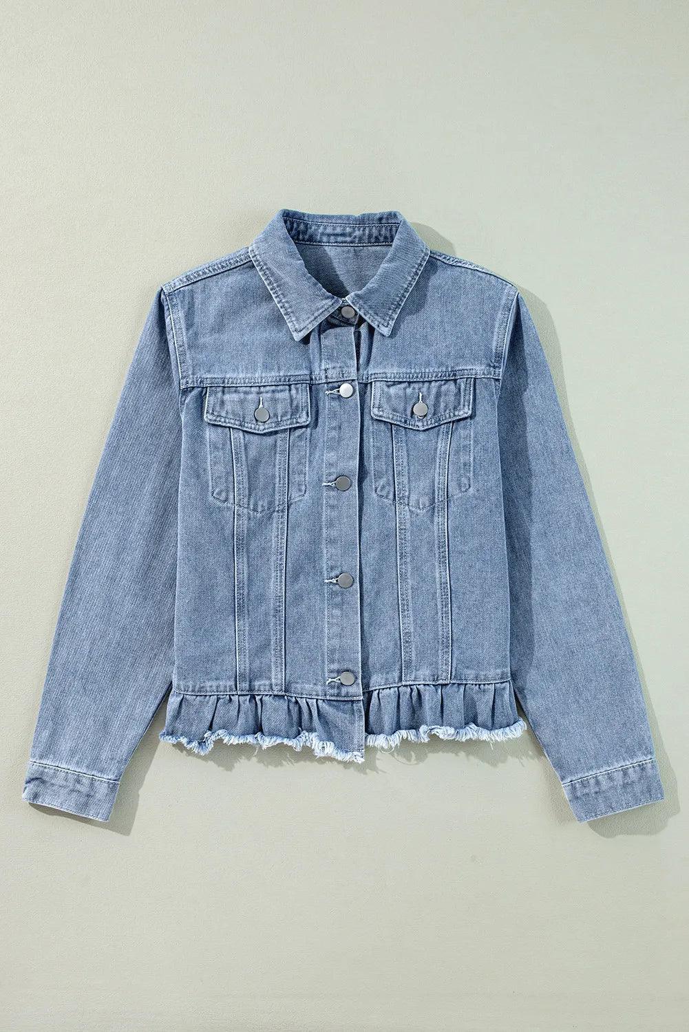 Raw Hem Long Sleeve Denim Jacket - Clothes For Her Online Store