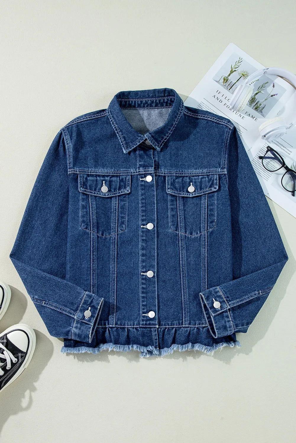 Raw Hem Long Sleeve Denim Jacket - Clothes For Her Online Store