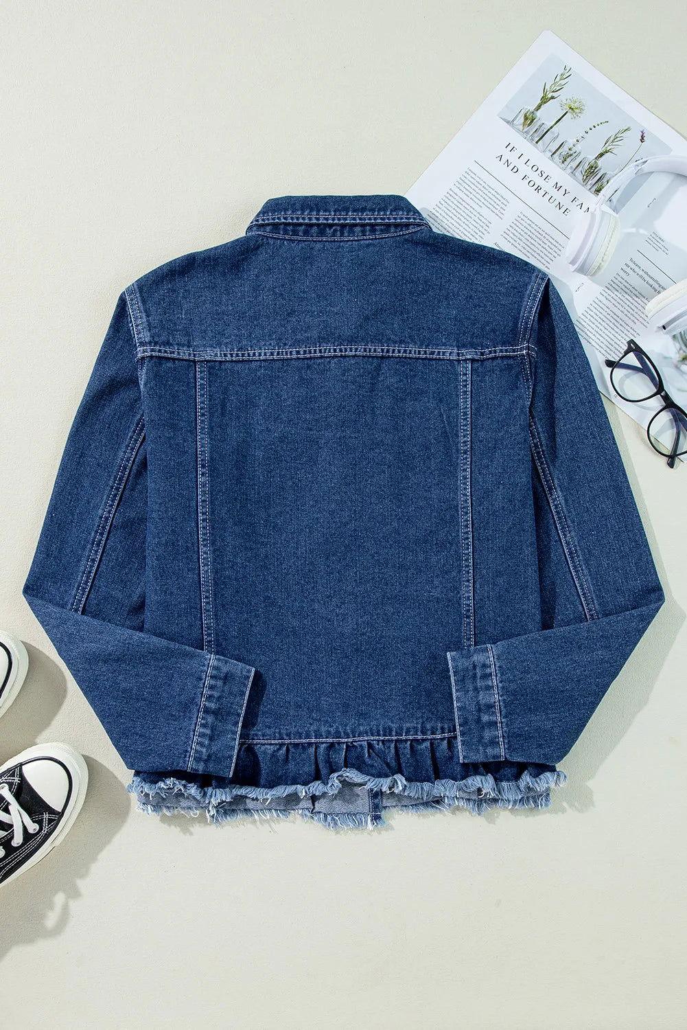 Raw Hem Long Sleeve Denim Jacket - Clothes For Her Online Store