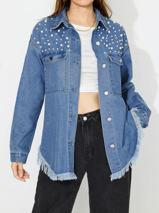 Raw Hem Pearl Trim Collared Neck Denim Top - Clothes For Her Online Store