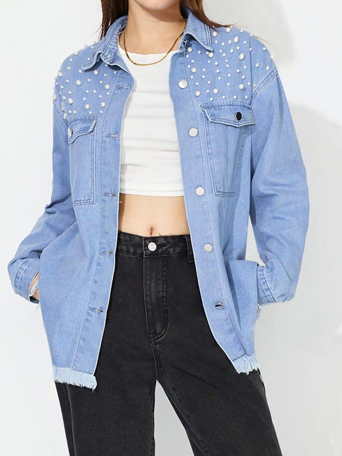 Raw Hem Pearl Trim Collared Neck Denim Top - Clothes For Her Online Store
