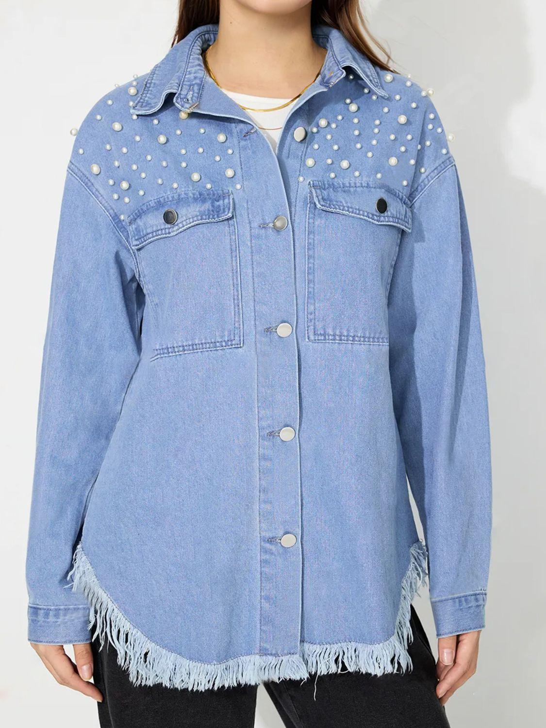 Raw Hem Pearl Trim Collared Neck Denim Top - Clothes For Her Online Store