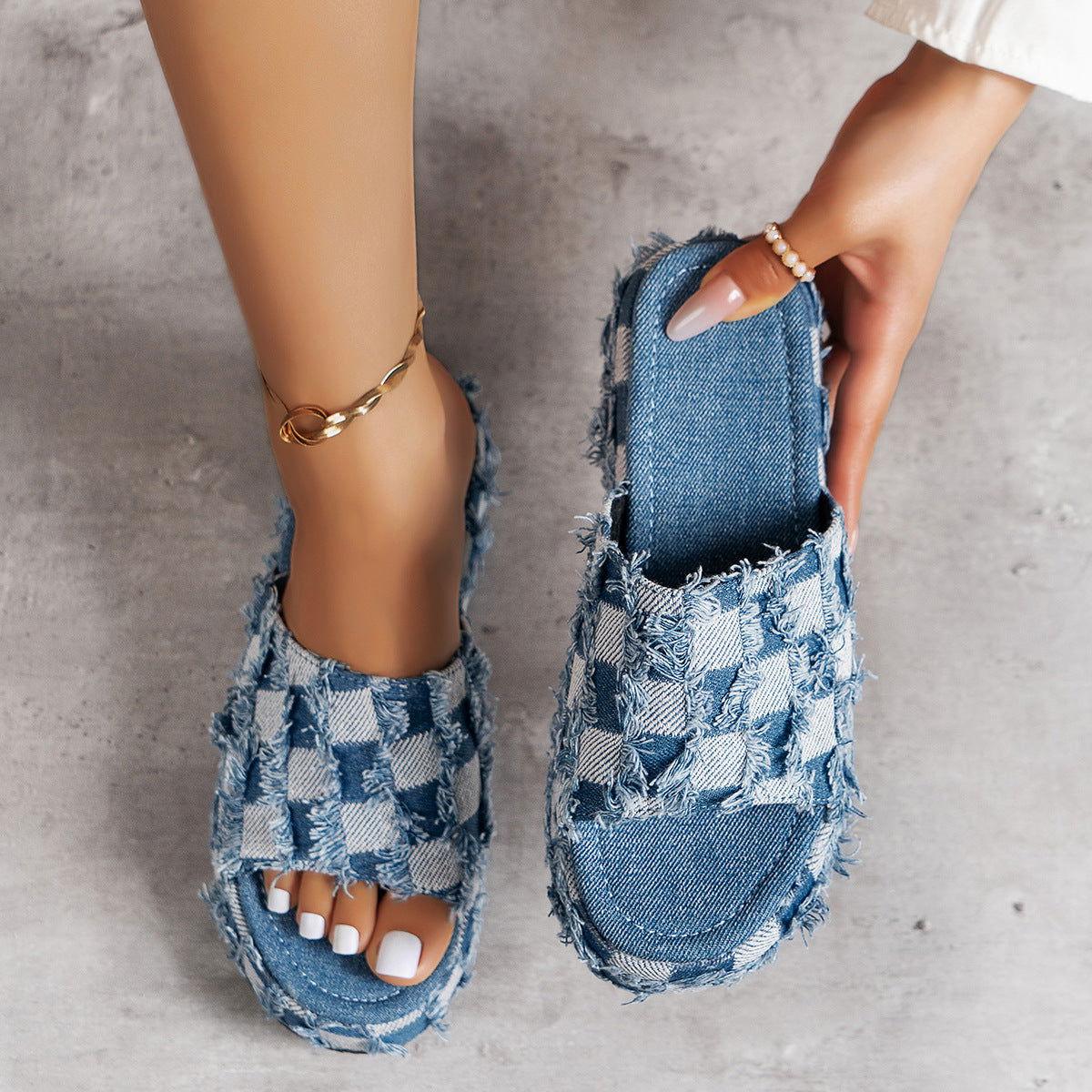 Raw Hem Plaid Platform Sandals - Clothes For Her Online Store